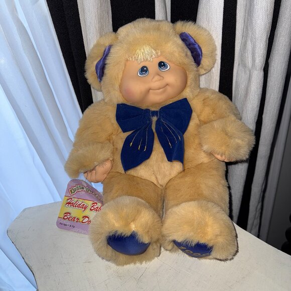 Vintage 1998 Kuddle Love Kids Plush Bear Doll Blue Bow Cute Toy Cabbage Patchish - Picture 1 of 11